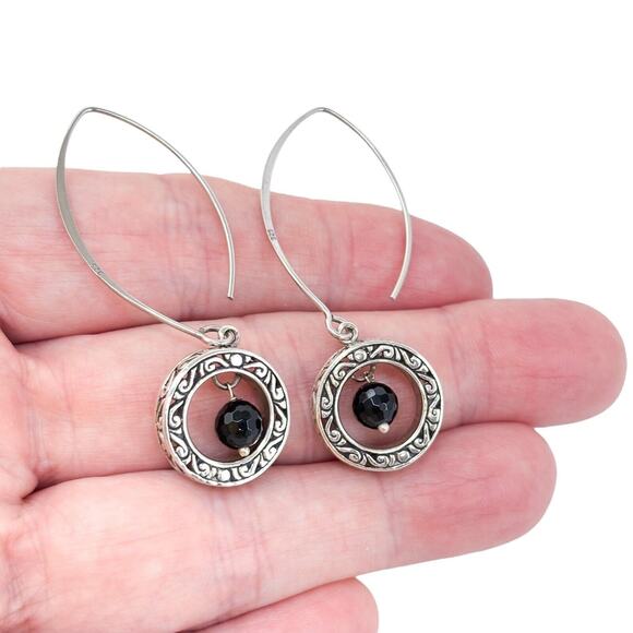 Vintage Sterling Silver 925 Ornate Black Glass Dangle Earrings - Picture 1 of 7